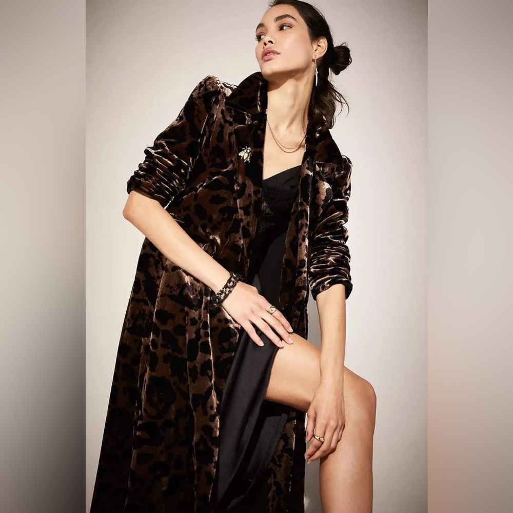 Free People Brown Velvet Leopard-Print Trench Coat